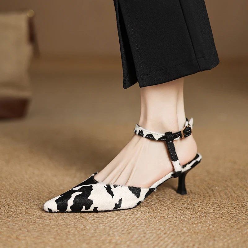 

Summer Sandals Women Trend Horsehair Shoes Genuine Leather Ladies Closed Pointed Toe Ankle Strap Slingbacks High Heel Sandals