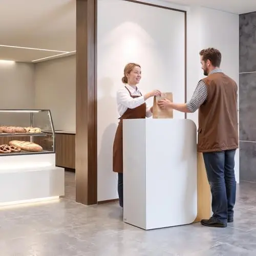 Reception Desk, 31.5 inch Rectangular Front Counter Table, Modern Office Reception Desk with LED Light, 2 Drawers &
