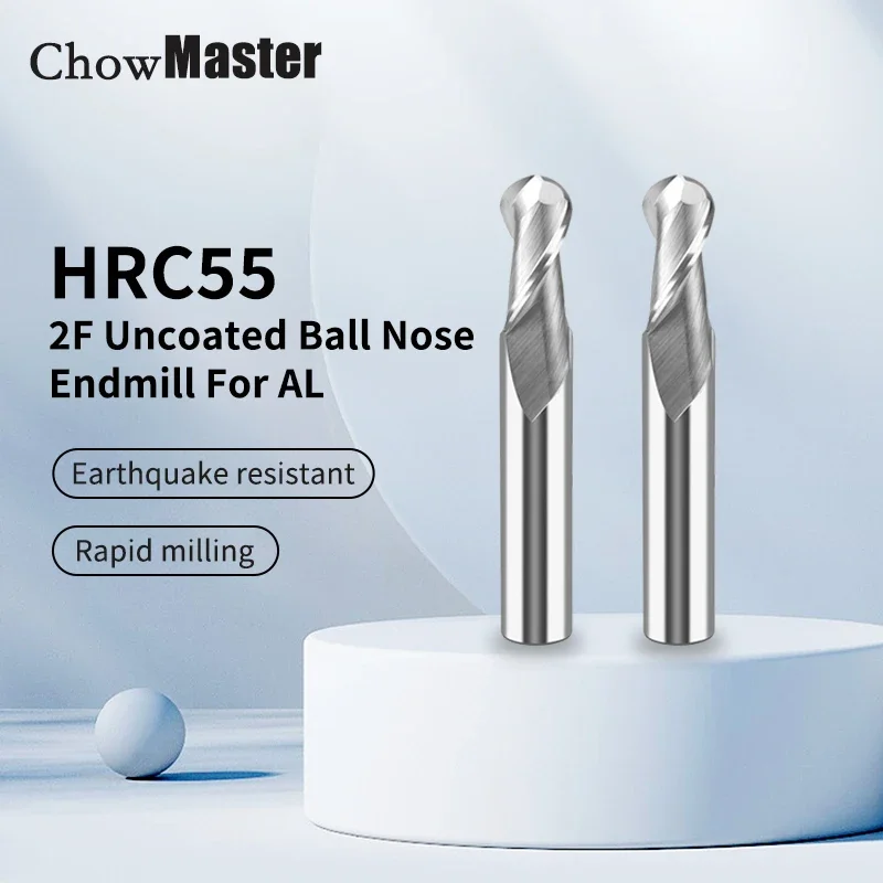 

ChowMaster HRC55 Solid Carbide Ball Nose End Mill Uncoated 2 Flutes R0.5-R8 Milling Cutter for Aluminum