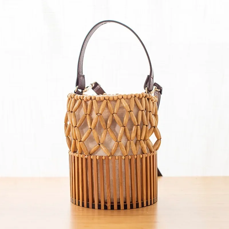 

Bamboo Woven Crossbody Bag for Women Seaside Vacation Handbag Grass Bamboo Basket Bucket Tote Eco-Friendly Design