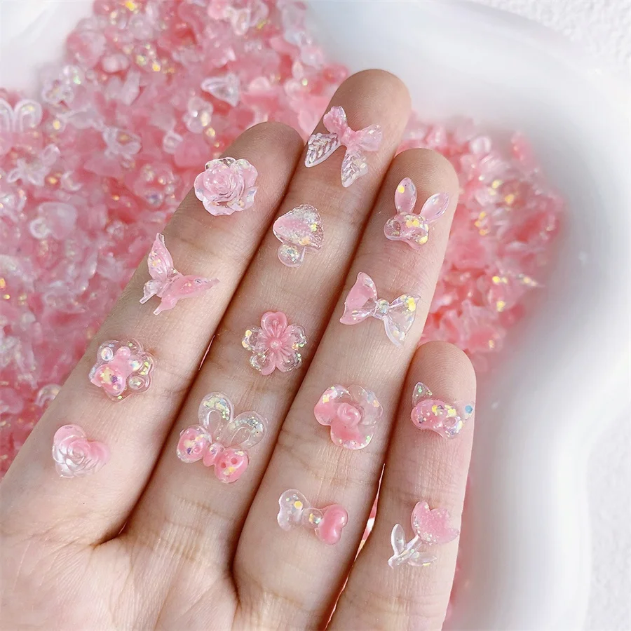 20pcs Kawaii Pink Mixed Resin Nail Art Charms 3D Cartoon Animals Flower Butterfly Bow Nail Decorations DIY Jewelry Accessories
