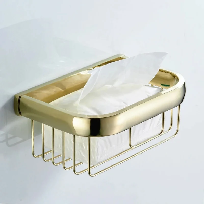 

paper towel holder Golden Square Mesh Basket Storage Rack Wall-Mounted Toilet Bathroom Tissue Basket Brass Light Luxury