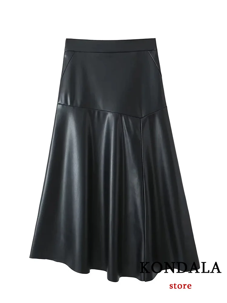 

KONDALA Vintage Casual Chic Women Skirt Black Solid Zipper Folds Loose Long Straight Skirt Fashion 2024 Winter Leather Skirt