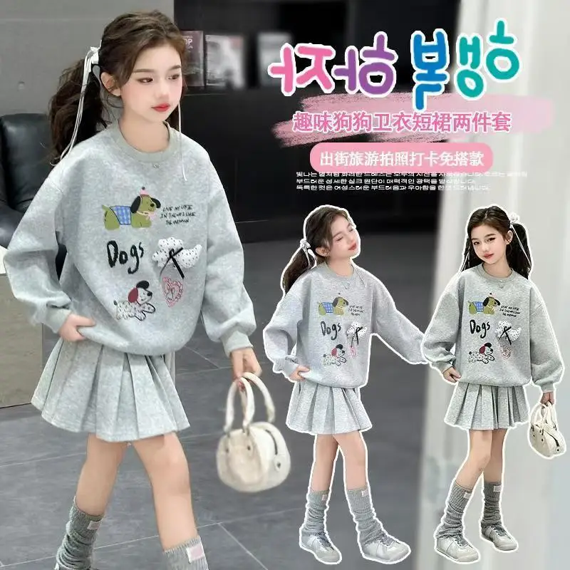 2025 الخريف الشتاء الفتيات مجموعة الملابس المراهقين إلكتروني الكلب قمصان سويت شيرت بقلنسوة تي شيرت + تنورة مطوي 4 8 10 12 14 سنة رياضية #2