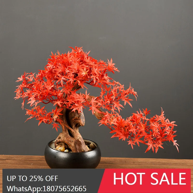 LYY  Artificial Red Maple Bonsai Potted Plant Welcoming Pine  Entrance Tabletop Decoration New Chinese Zen Ornament