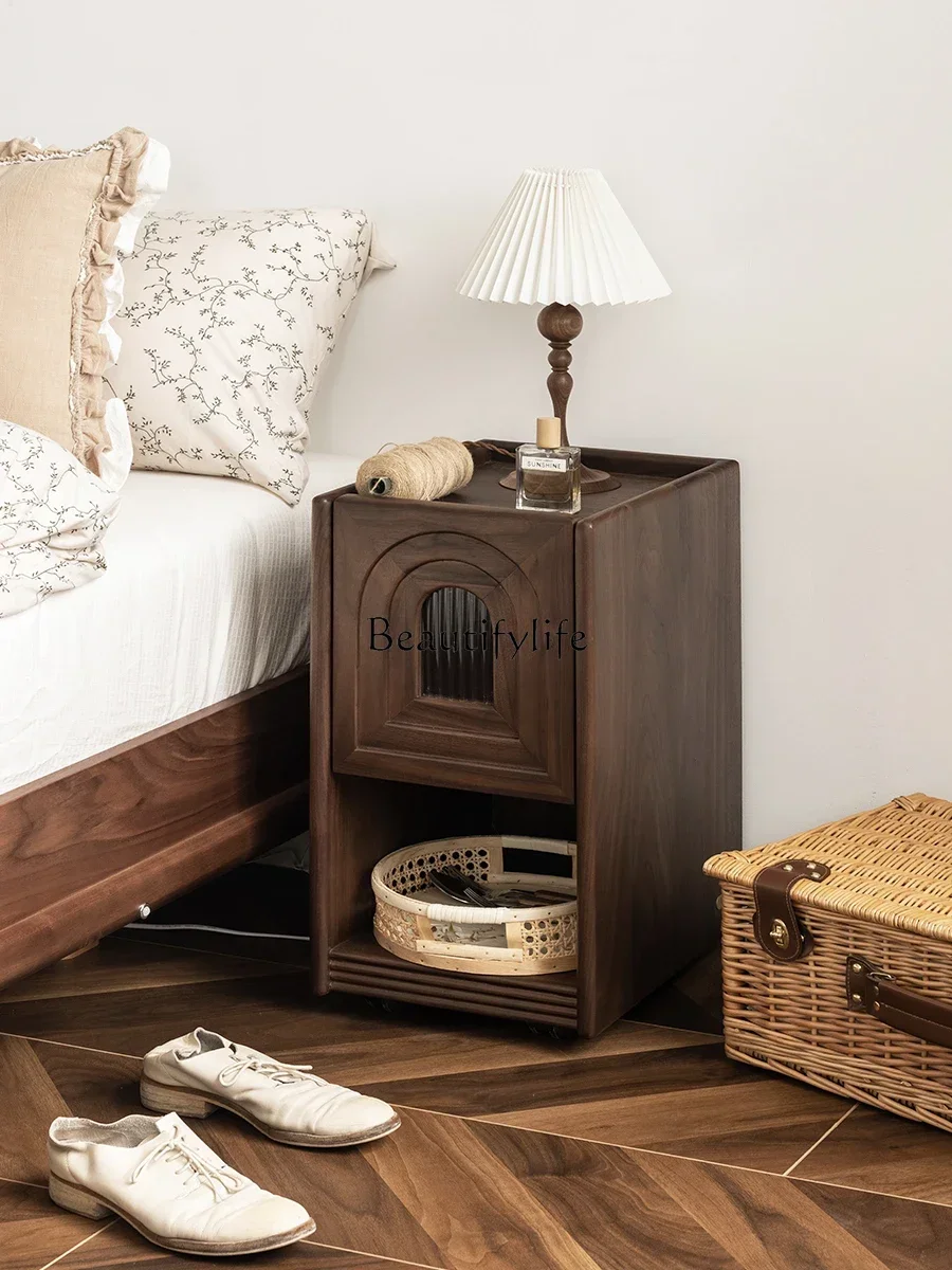 

FG26Bedroom Modern Simple Mini Super Narrow Bedside Table Black Walnut American Bedside Shelf Locker