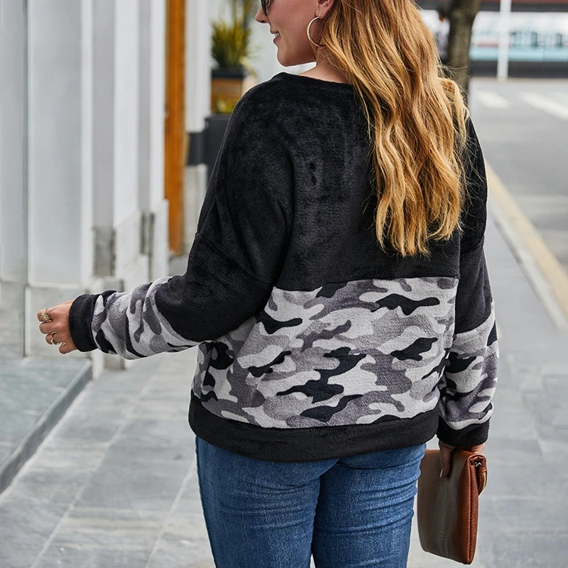 Picture 3: Autumn new plus size leisure sweater fashion ladies round neck long sleeve plush leopard stitching sports sweater.