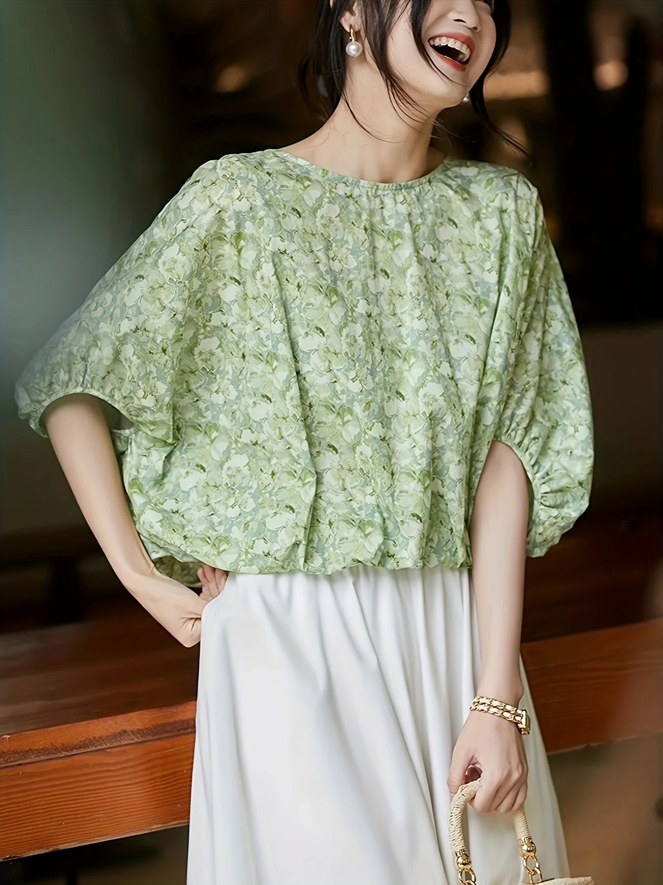 

Women's Green Floral Print Blouse Casual Batwing Sleeve Bow Back Chiffon Shirt Loose Fit Summer Tops
