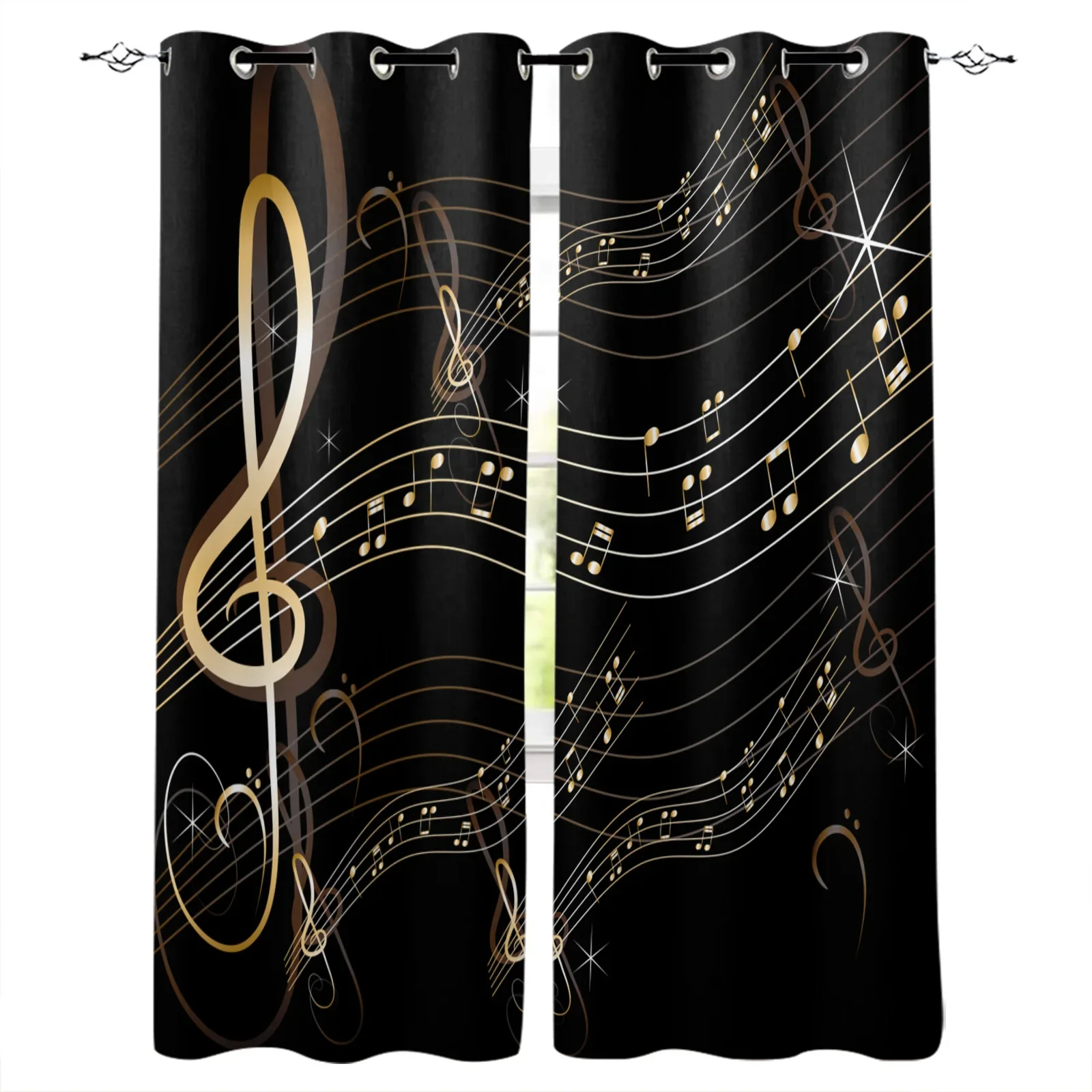 Golden Music Notes Blackout Curtains Window Curtains For Bedroom Living Room Decor Window Treatments