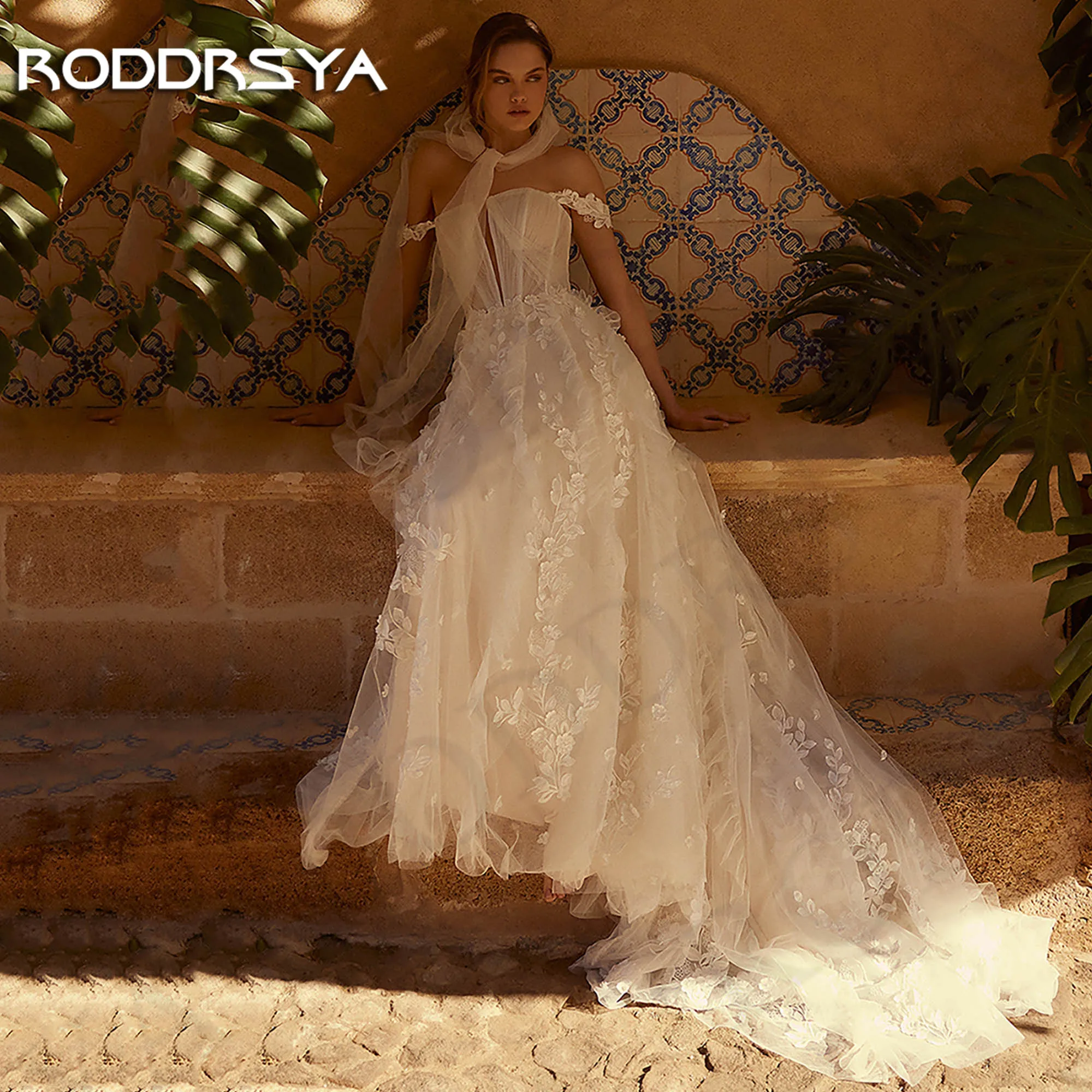 RODDRSYA Boho Ruffles tül gelinlik dantel aplikler plaj kapalı omuz bir çizgi gelin elbiseler hochzeits kleid tekne boyun kadınlar