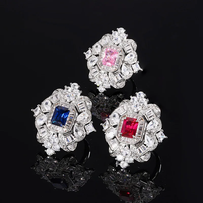 

Pink Zircon Ring for Women Royal Blue Red Corundum Ring European and American Retro Inlaid Zircon Square Ring Band