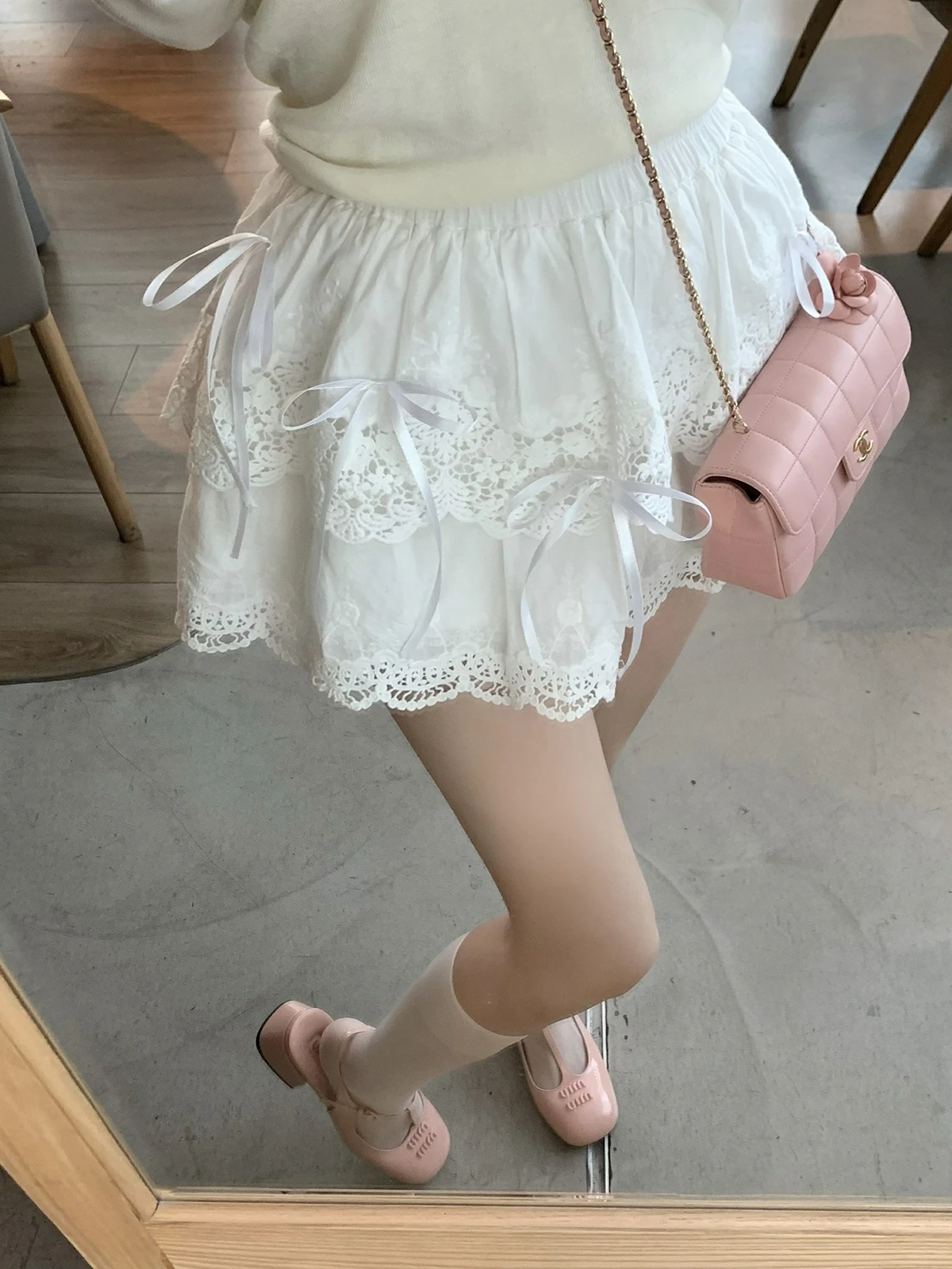 

Lace Knot White Ballet Cake Skirt Princess Skirt Women Spring Summer Breathable Cotton Gauze Ladylike Commute Style