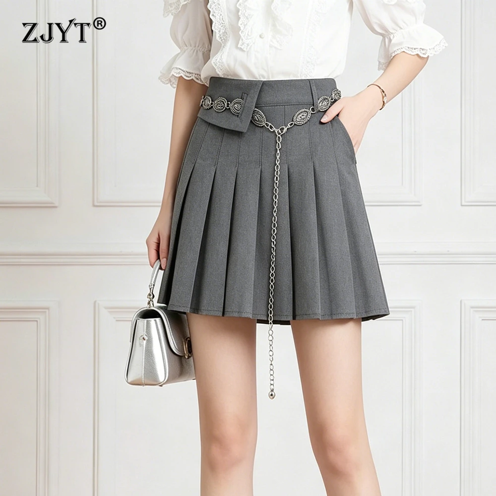 

ZJYT Elegant Ladies Mini Pleated Skirts with Chain Belt Fashion Woman Clothes 2026 Spring Summer Short Grey Skirt Office Casual