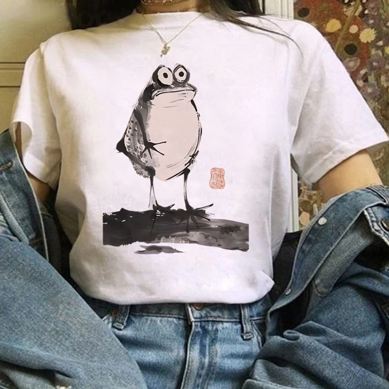 

Забавная футболка с принтом лягушки, женская футболка с круглым вырезом, повседневный стиль, новая летняя универсальная женская модная базовая белая футболка