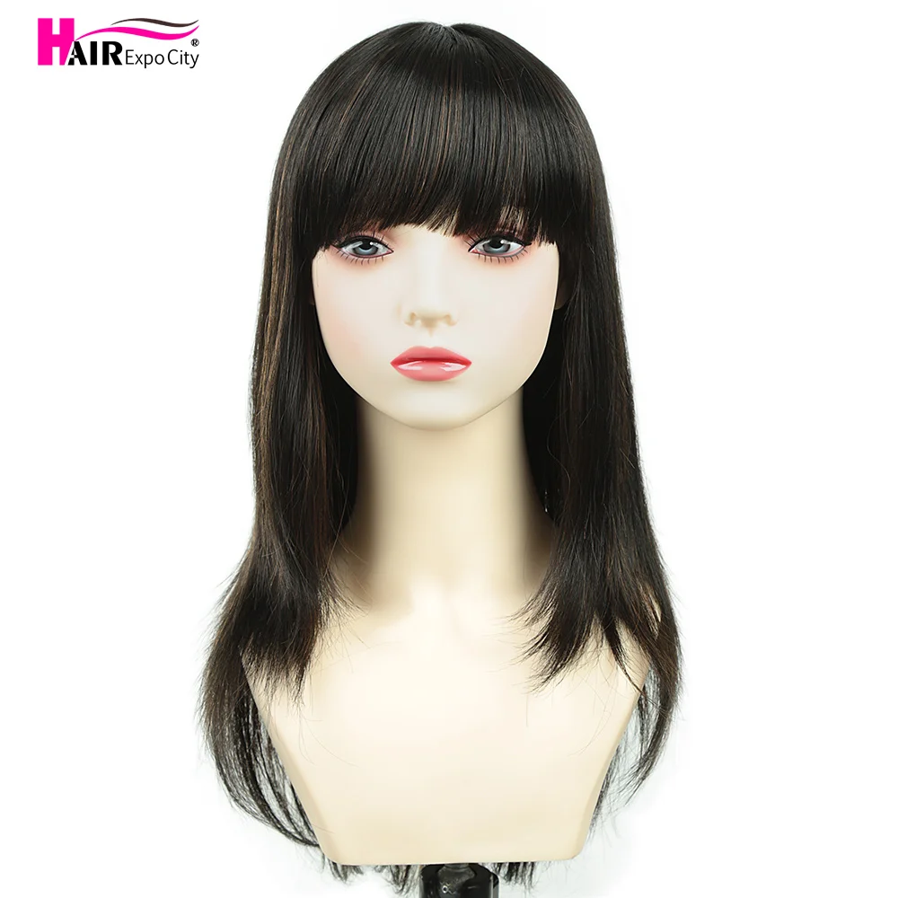 Wig lurus panjang dengan Bang rambut sintetis untuk wanita rambut palsu mode tahan panas campuran coklat untuk wanita Wig pesta Cosplay