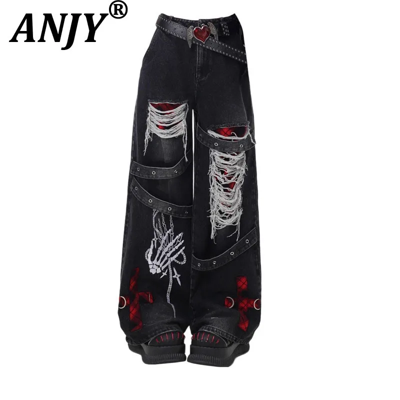 

ANJY Autumn Winter New Women Niche Punk Style Ripped Fashion Vintage Washed Jeans Streetwear Chic Ins Tide Wide Leg Pants A10449