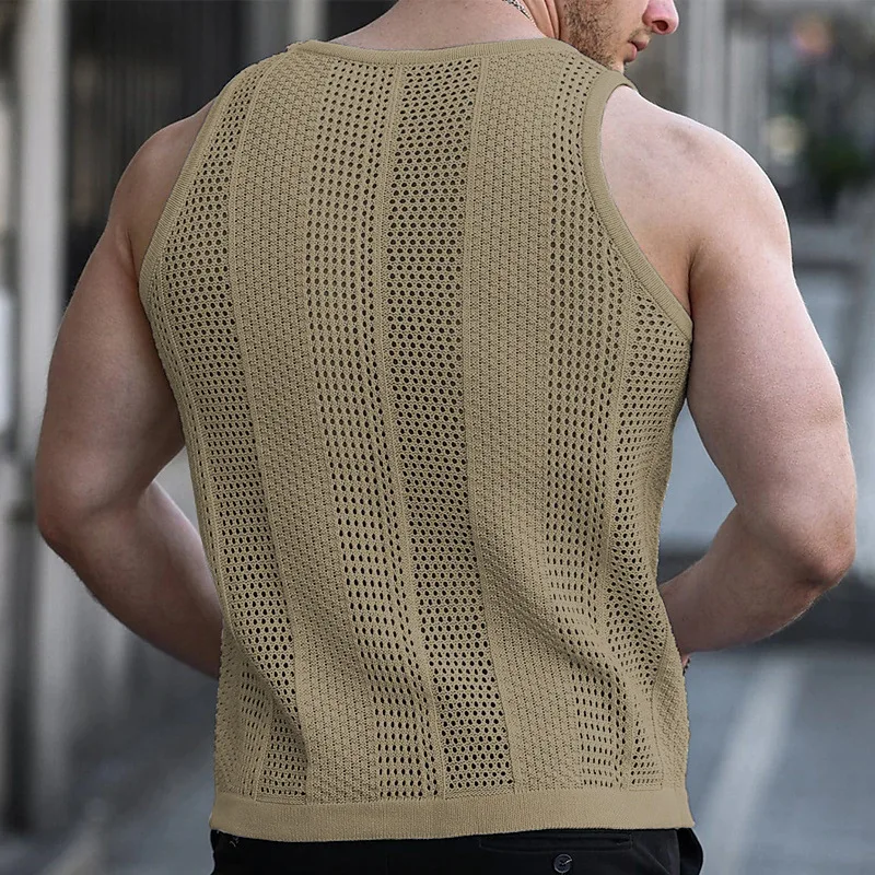 Summer New Men's Solid Color Loose Sleeveless Sweater Wool Woven V-neck Breathable Outdoor Sports Fitness Men's Vest M-3XL