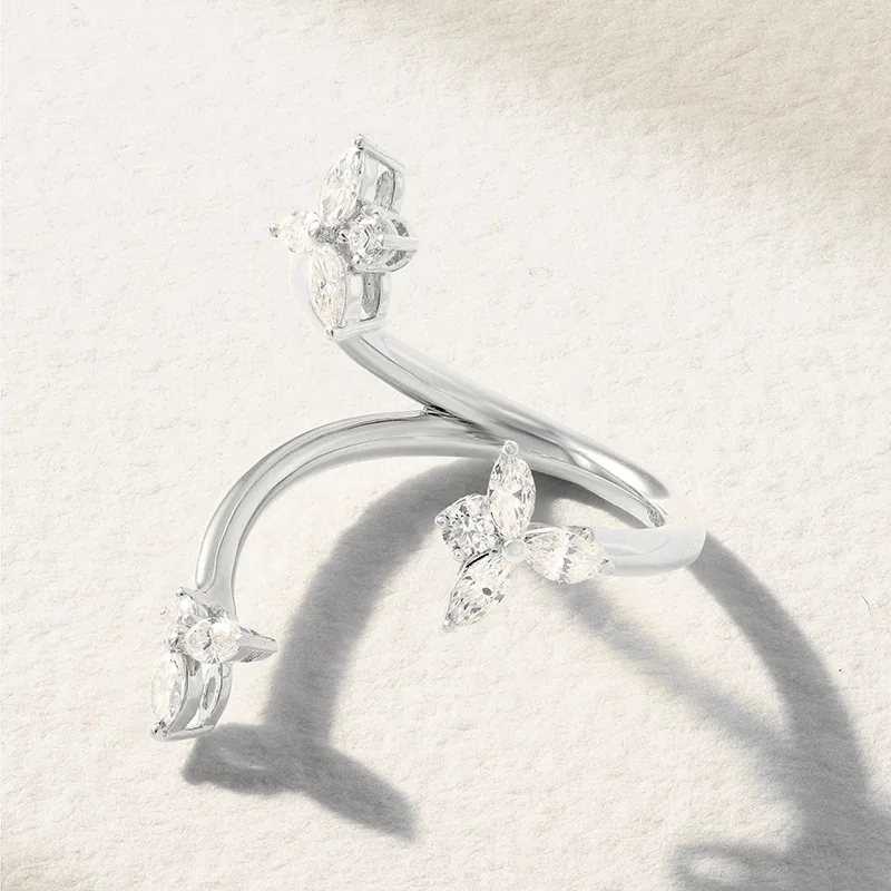 Authentic 925 Sterling Silver Open Rings For Women RhodiumPlated Marquise Flower Adjustable Finger Elegant Fine Jewelry Gift