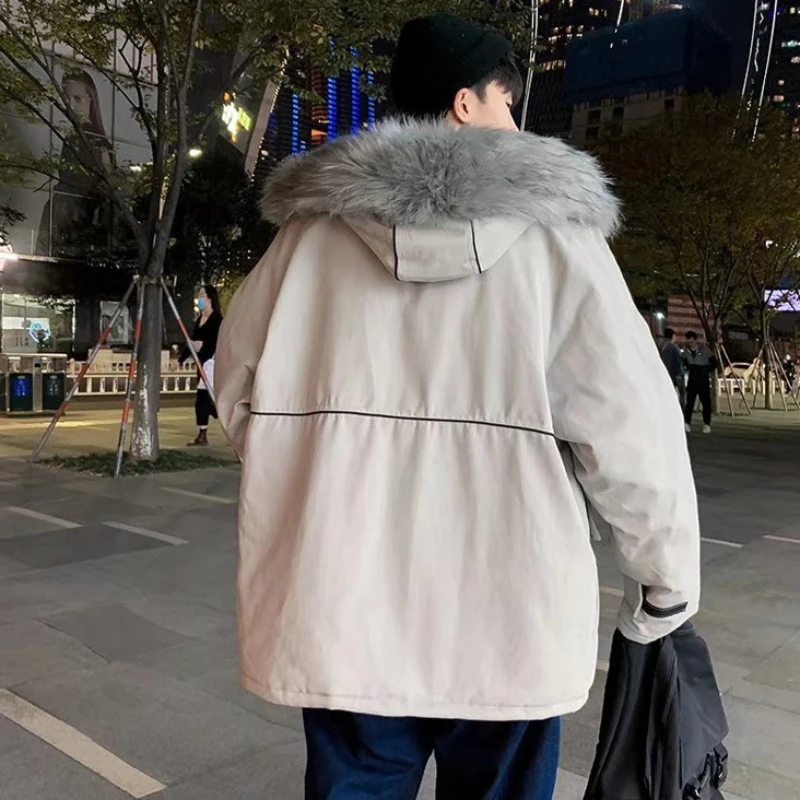 Chapéu peludo parkas com capuz masculino, mais grosso, moda estilo coreano, à prova de frio, casacos soltos masculinos, quebra-vento bolsos quentes, casual