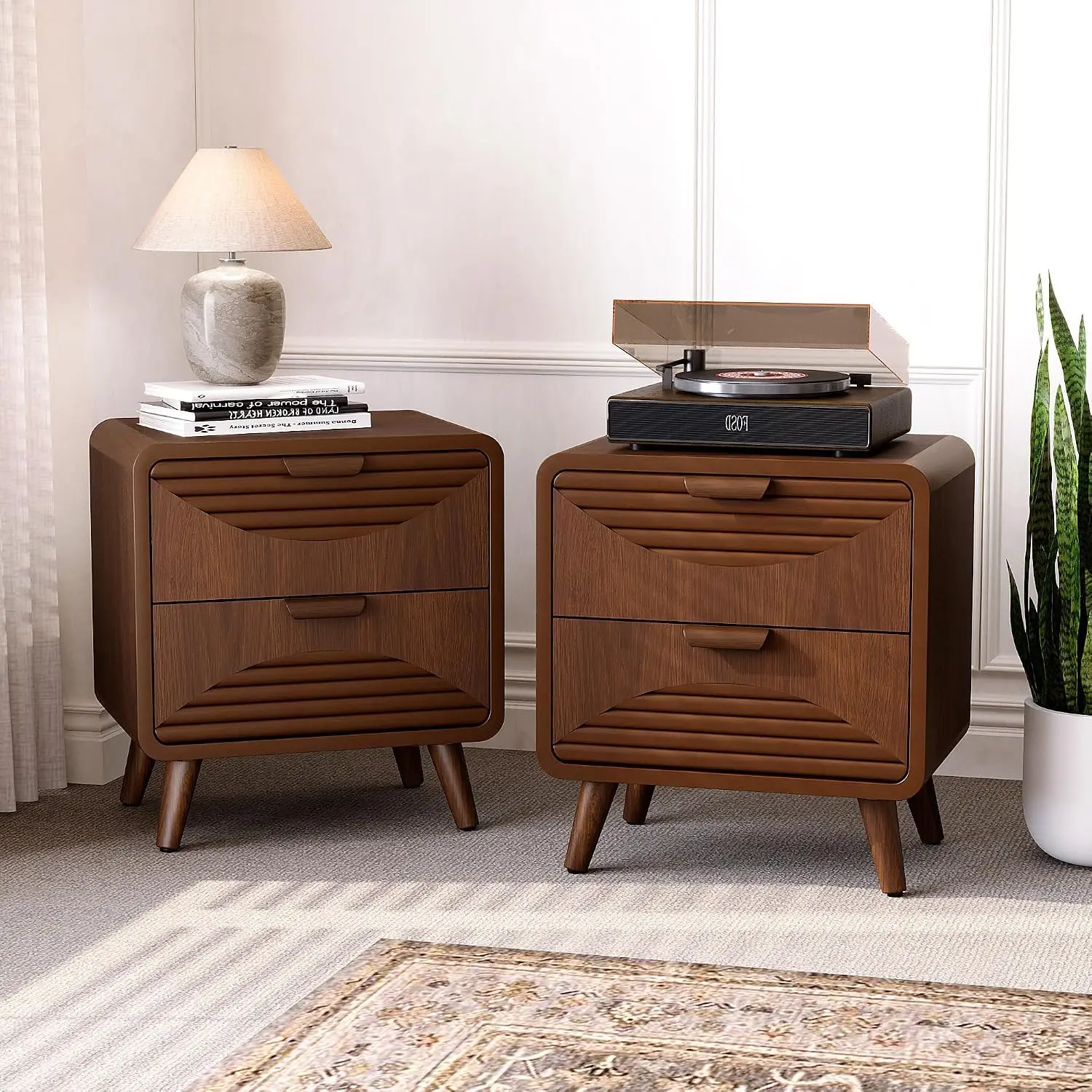 Modern Night Stand Set 2 with Storage Drawers, Wood End Table Stripe Pattern & Grain Finish, Walnut Bedside for Bedroom & Office