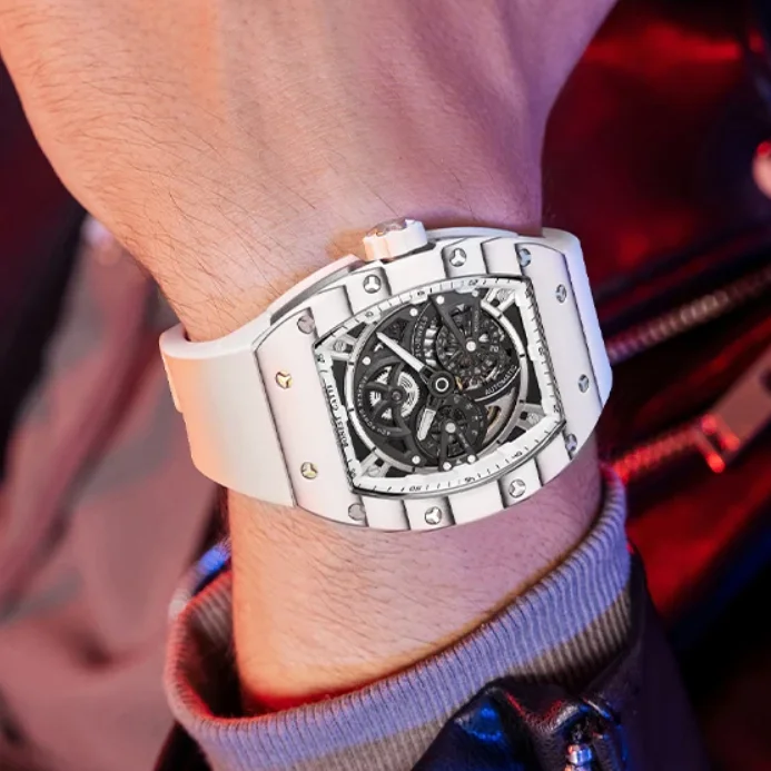 BONEST GATTI Men Automatic Watch Tonneau Mechanical Wristwatch Carbon Fiber Bezel Sapphire Luminous Case Skeleton Dial 24 Hours