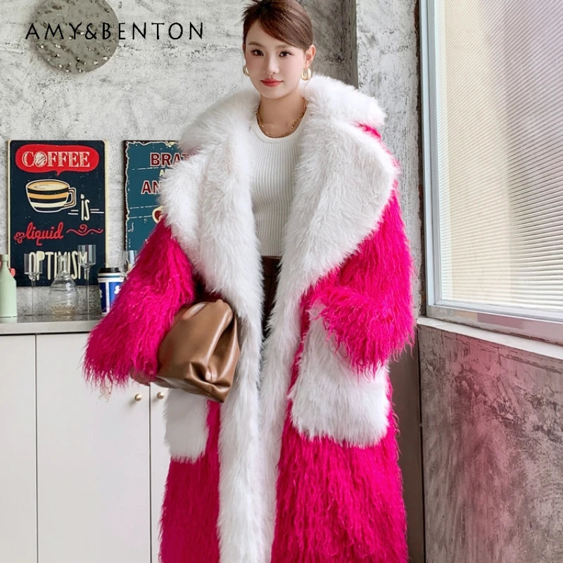 

New Rose Red Environmental Protection Fur Long Loose Large Lapel Furry Coat Wool Big Pocket Jacket Cotton-Padded Thick Chaquetas