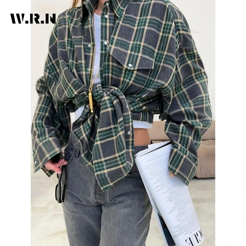 Mode Baggy Plaid femmes Blouse élégant revers à manches longues chemises et chemisiers Vintage poche à lacets haut femme 2025