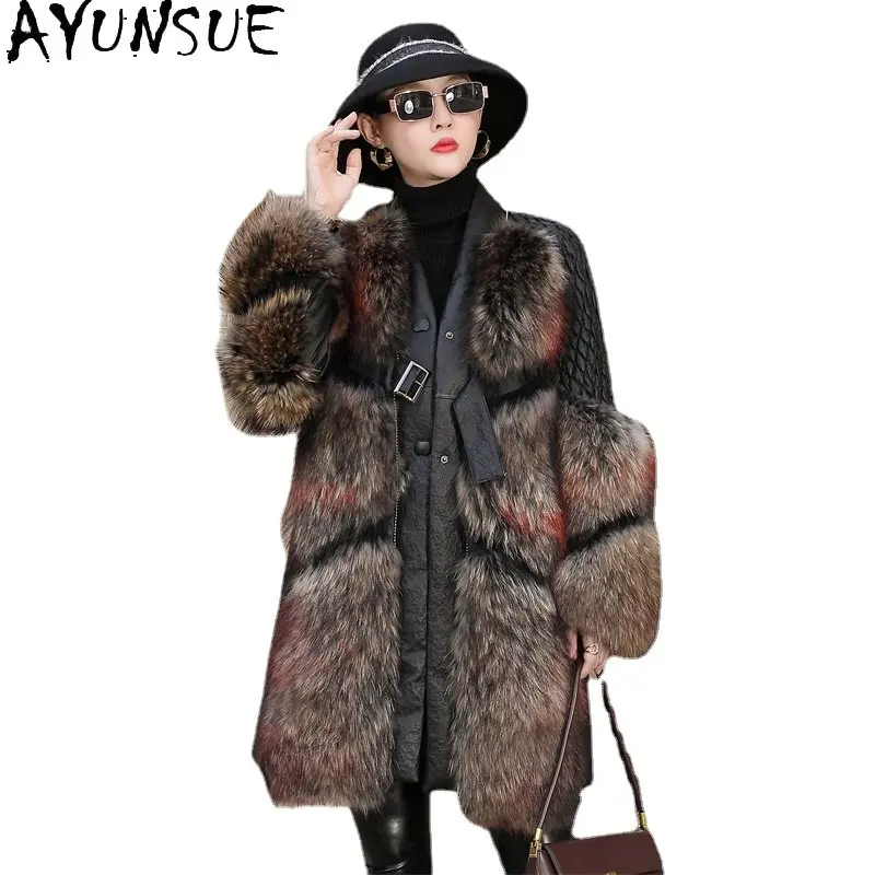 

Real Leather Jacket Women Raccoon Fur Leather Down Jackets Women’s Winter Sheepskin Long Coat Ladies Streetwear Overcoat Female