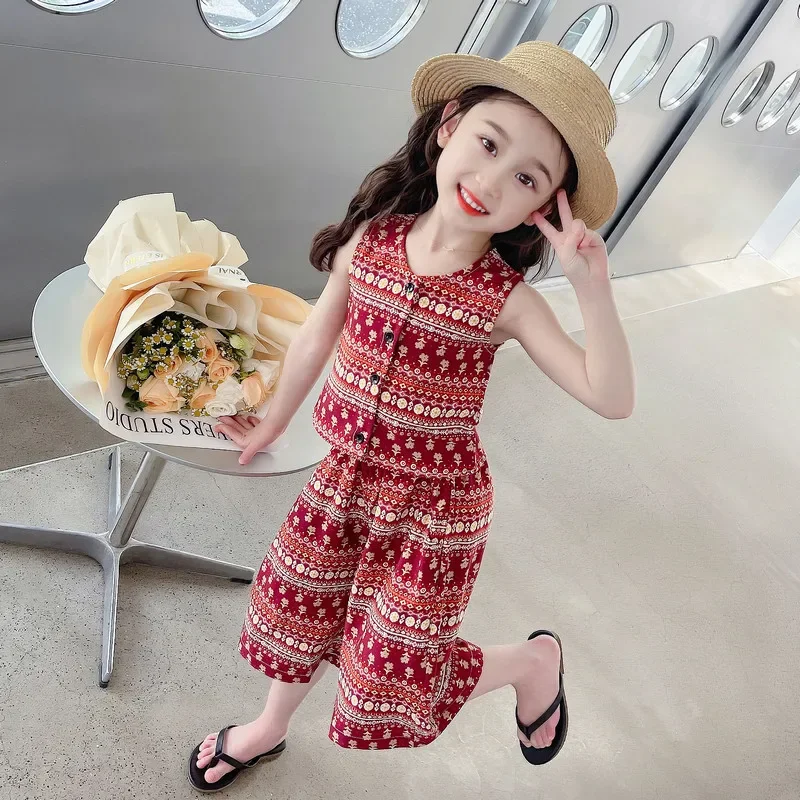 2025年ガールズサマーセット新作　スイートエスニック風サマードレス　子供服ファッションベスト　ワイドレッグパンツ　ツーピース