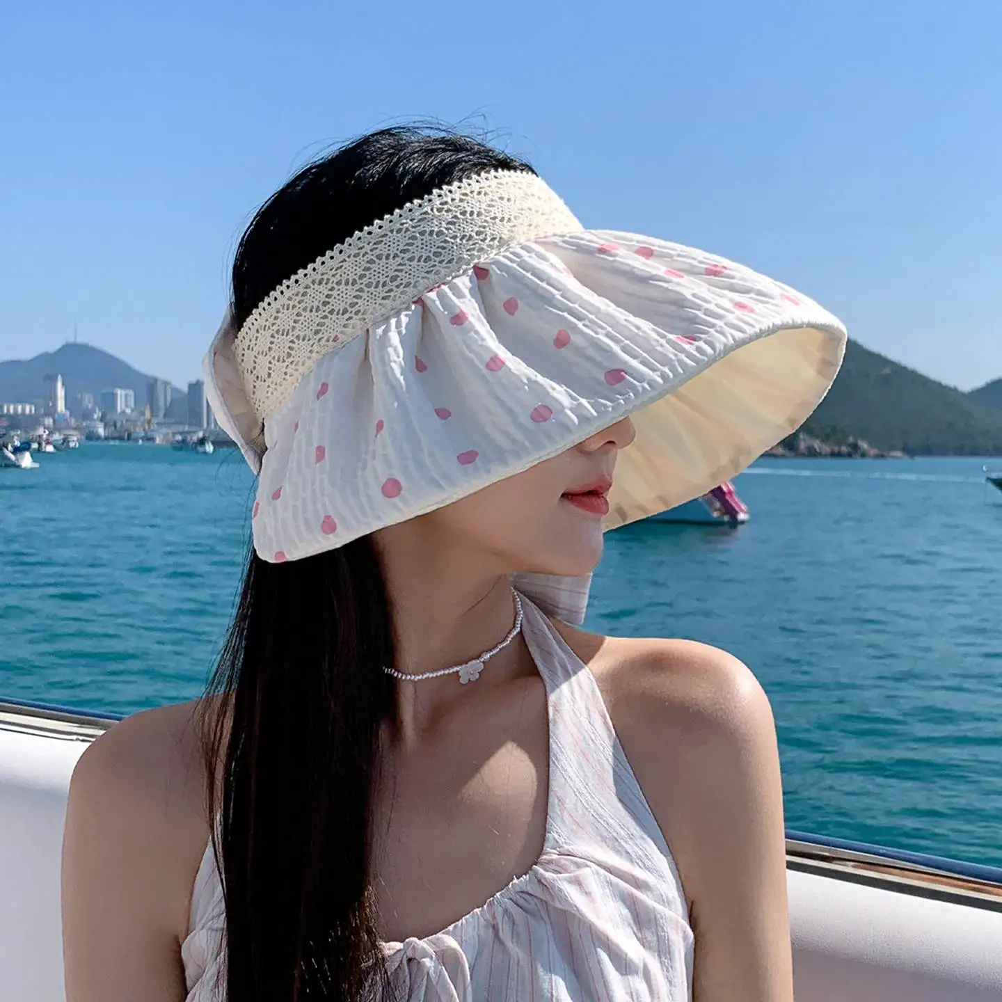 夏用ポルカドット柄つば広空頂帽子-レディーススタイル-2026年新作-日焼け止め帽子-ビーチ旅行用カジュアル-upf00-サンハット