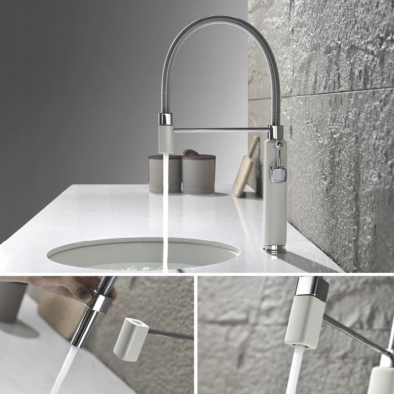 Kitchen Sink Faucet Deck Mounted Single Hole 360° Rotation Kitchen Faucets One Handle Hot and Cold Mixer Tap White