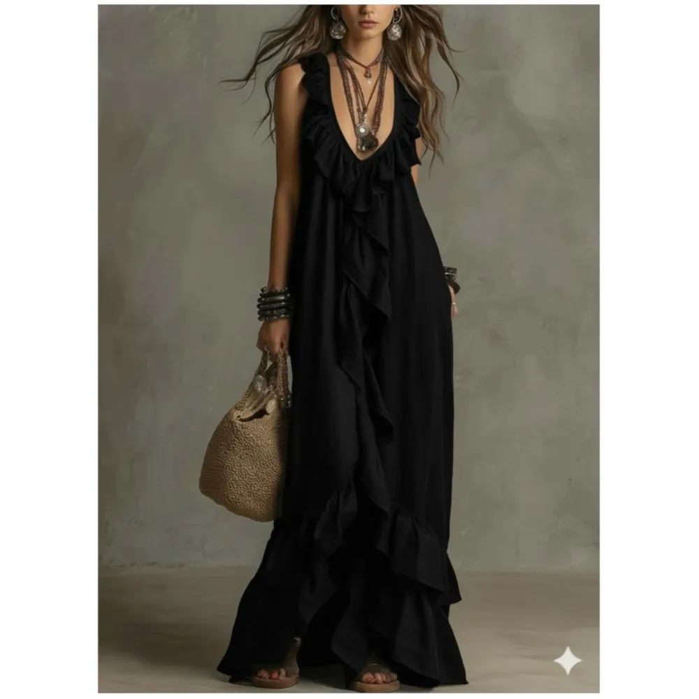Women's Casual Boho Style Sexy Deep V-Neck Ruffle Sleeveless Dress Summer Fashion Elegant Female Vest Beach Vacation Maxi Dress