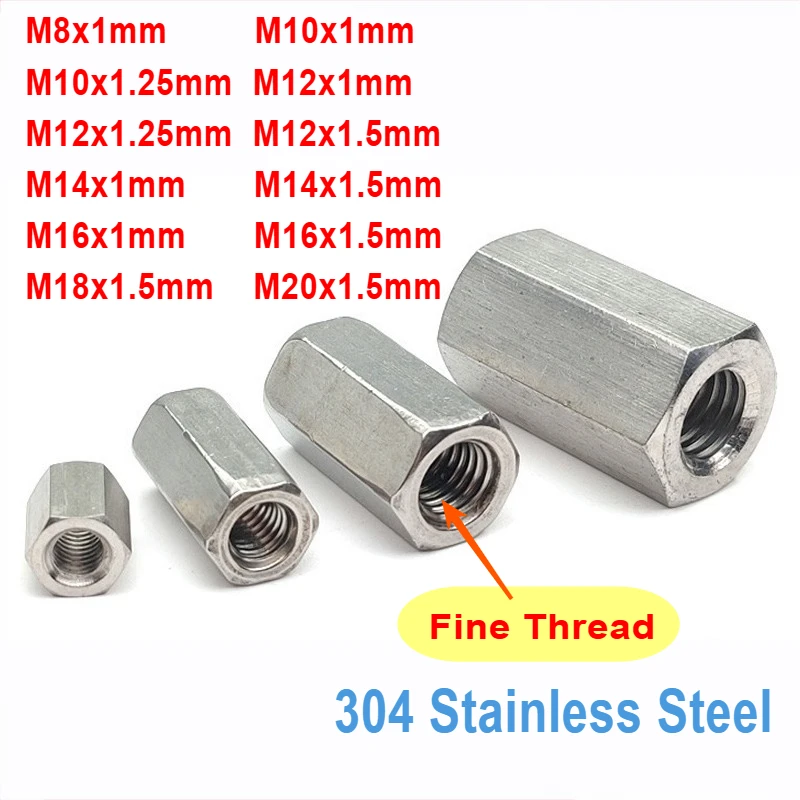 1-2pcs M8 M10 M12 M14 M16 M18 M20 304 Stainless Steel Hex Long Rod Coupling Nut Standoff Spacer Fine Thread Extended Hex Nut