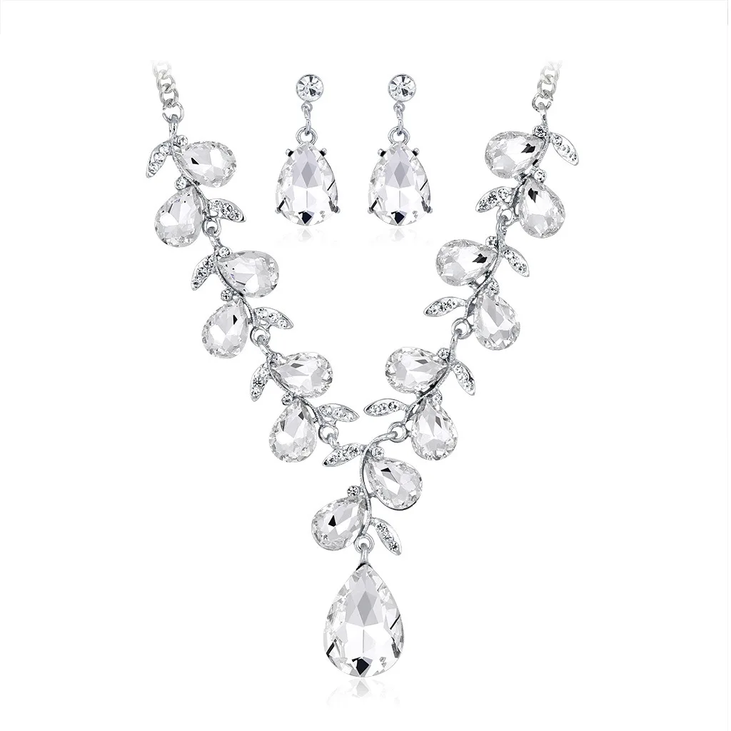 

European and American new color water drop alloy rhinestone glass necklace ladies temperament generous jewelry set