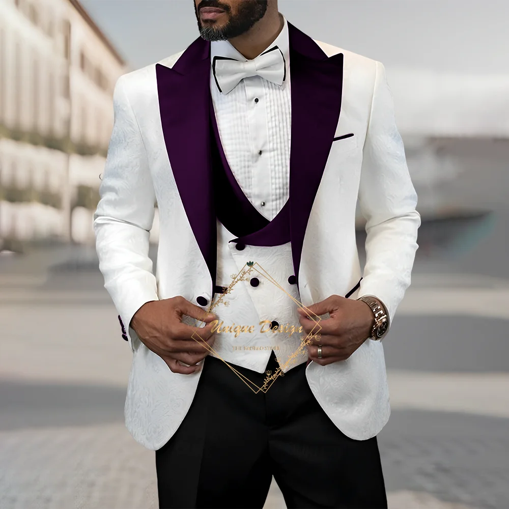 Elegant men's 3-pcs suit white jacquard jacket vest pants slim fit set for wedding groomsmen cocktail party gifts custom tuxedo