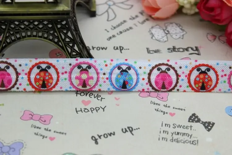 DHK 5/8 inch 5yards Fold Over Elastic FOE ladybug printed ribbon headband diy decoration OEM Wholesale E213