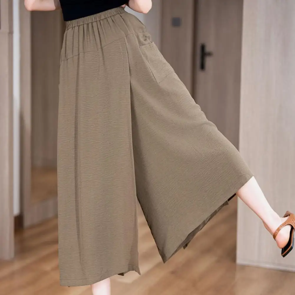 High Waist Pants Women's Wide Leg Pants with Elastic Waist Slit Cuffs High-quality Polyester Loose Skirt