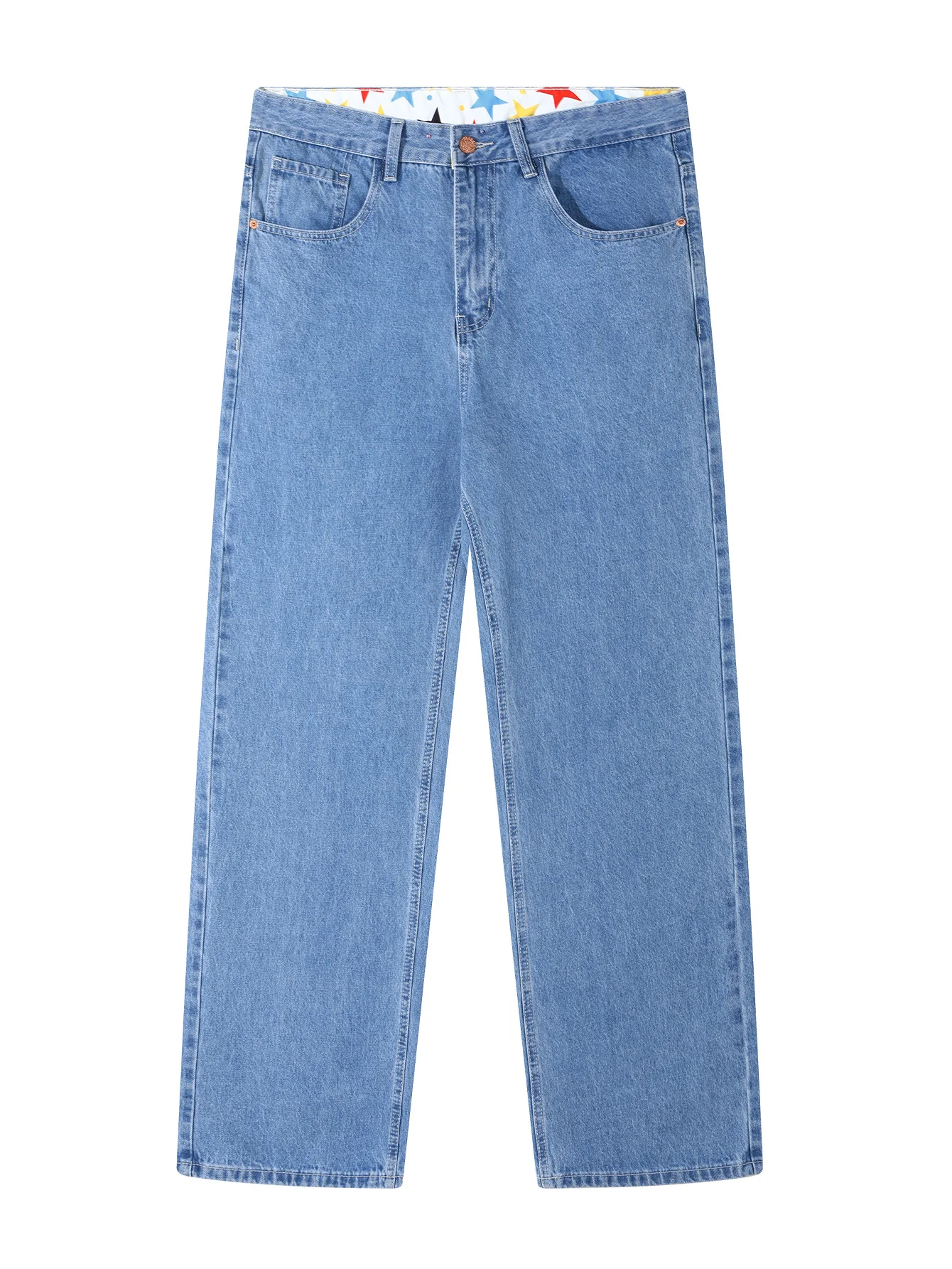 Men's Baggy Denim Jeans Star Print Waistband, Loose Straight Leg Street Style Pants