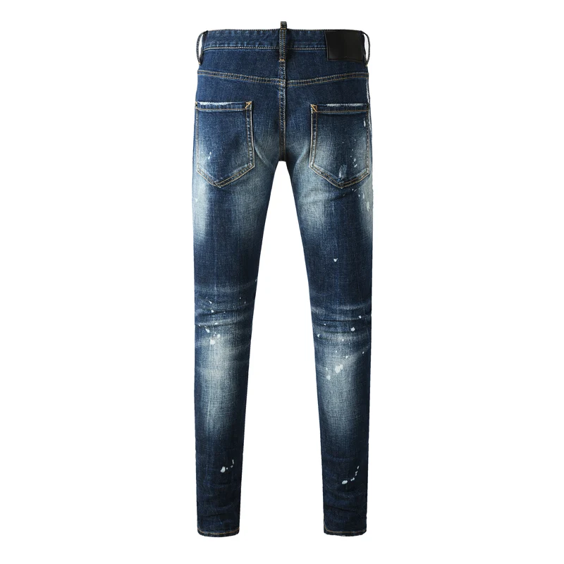 Designer's new men's jeans scratch washed retro elastic slim fit blue jeans hip-hop brand pants hombre