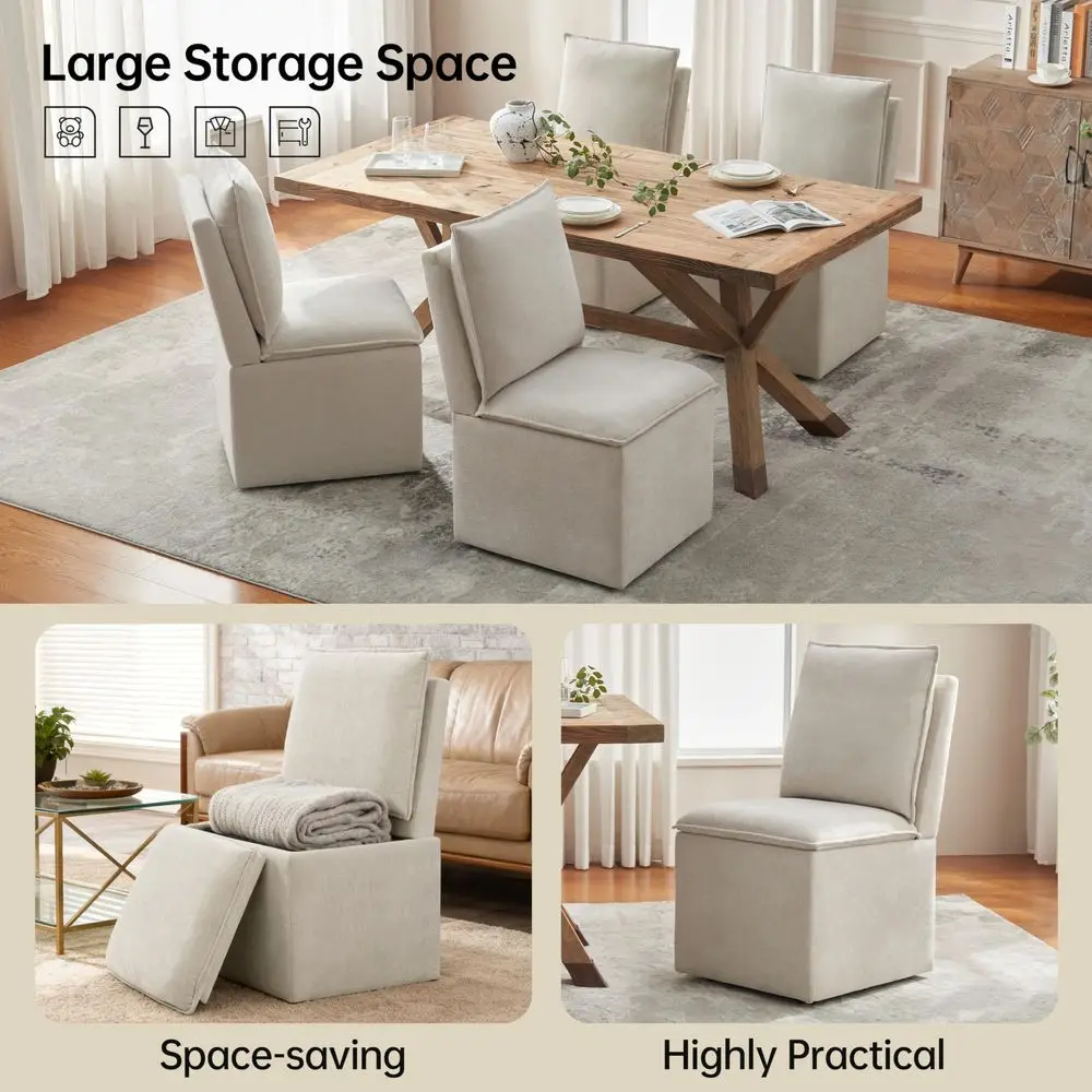 

Upholstered Dining Chairs Set of 2, Modern Rolling Chairs with Storage and Wheels, Linen Armless Chair with Cushion and Backres