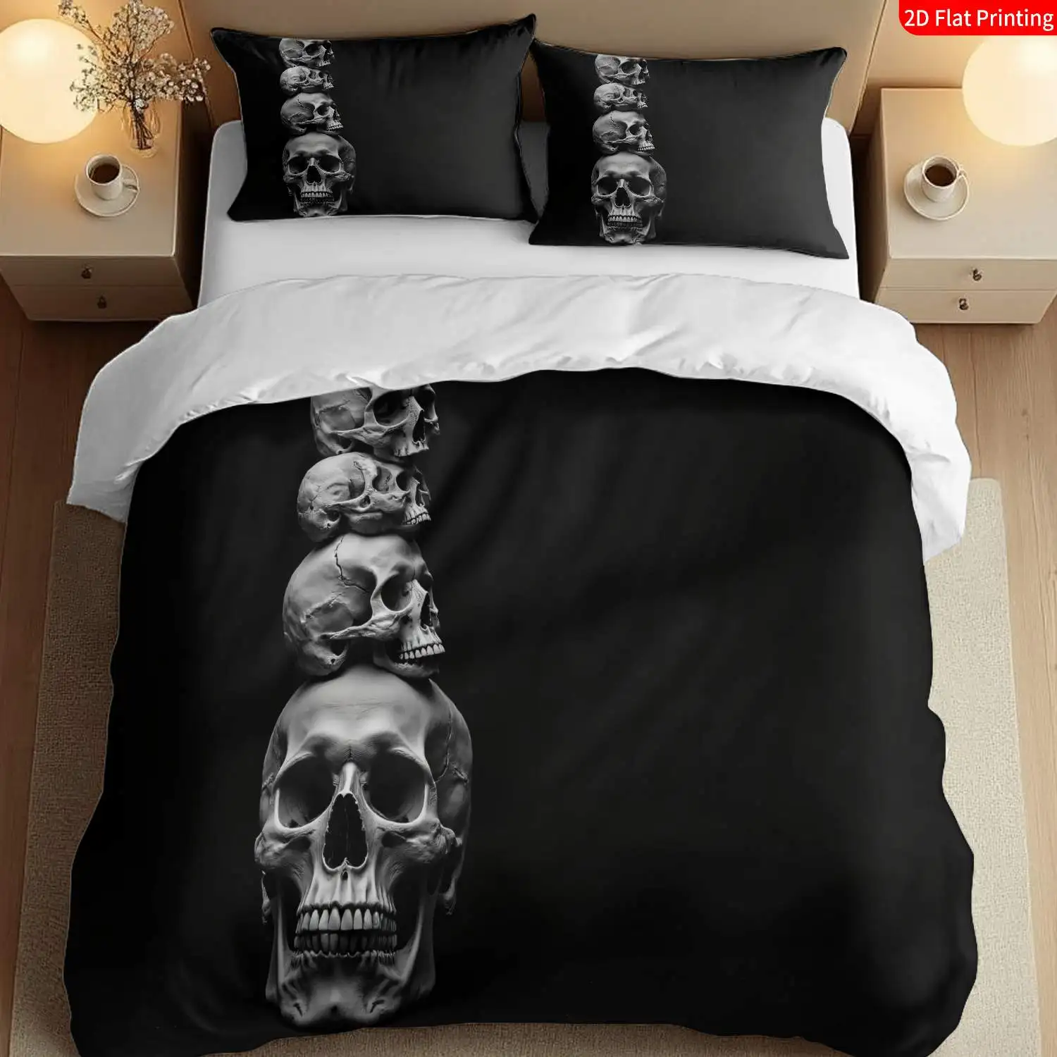 Juego de tres fundas de edredón suaves con estampado plano 2D, juego de ropa de cama con diseño de calaveras góticas de Halloween, diseño de calaveras en blanco y negro, adecuado para decoración de dormitorios, juego de fundas de edredón, decoración navideña, uso en todas las estaciones, lavable a máquina, cremallera invisible, juego de fundas de edredón grandes, juego de ropa de cama, funda de edredón