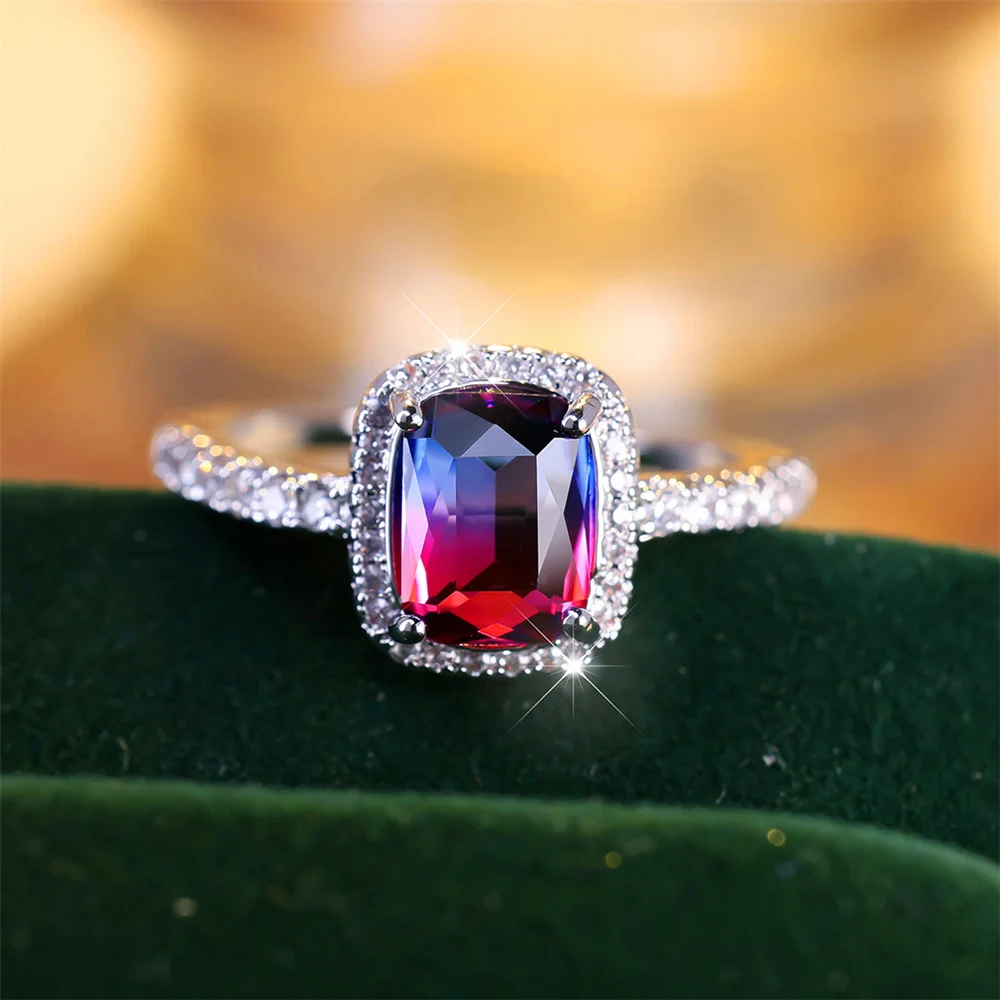 خاتم خطوبة من حجر الزركون بلون فضي عتيق للنساء ، كريستال نسائي ، أحمر ، أزرق ، أخضر ، قوس قزح ، فاخر ، مجوهرات زفاف