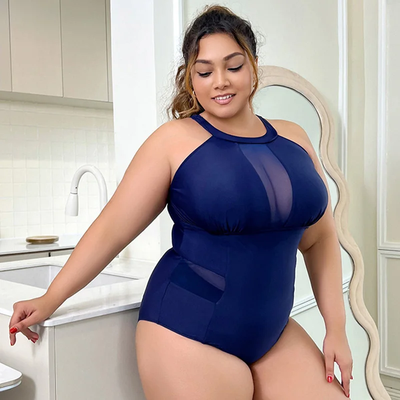 

Plus Size One Piece Swimsuit Women Mesh See-Through Halter Neck Curvy Swimwear Bathing Suit