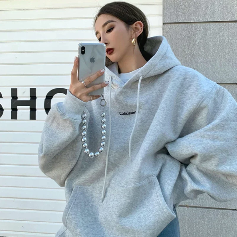 

Autumn and winter women's fashion Korean style fleece lined hooded sweatshirt high street trend thickened retro design jacket