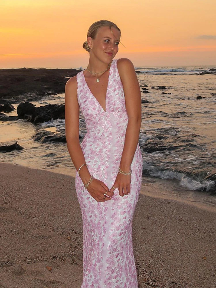 Robe de plage à imprimé floral pour femmes, robe maxi à col en V profond, robe d'été sexy, robe de soirée élégante, coupe couvertes, été, 2024