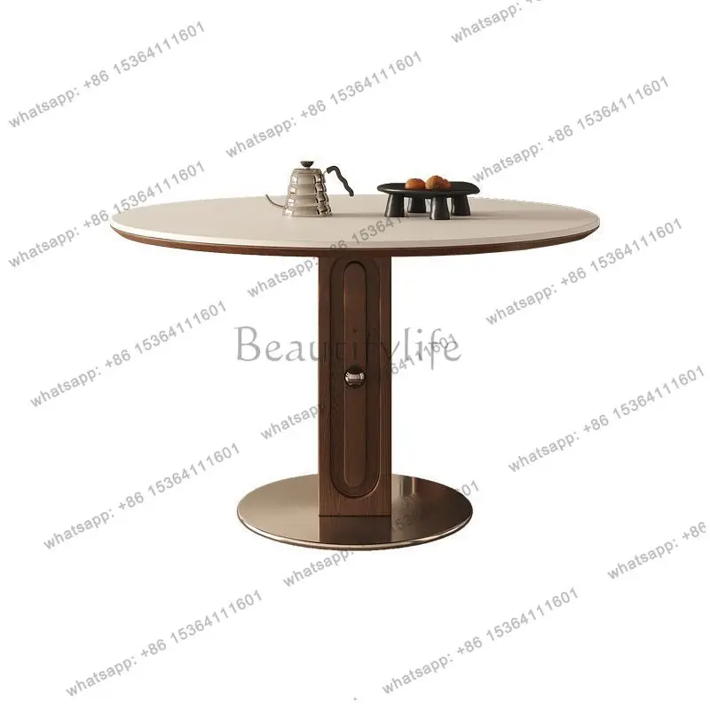 Medieval travertine rock slab round table retro household small apartment Nordic solid wood dining table