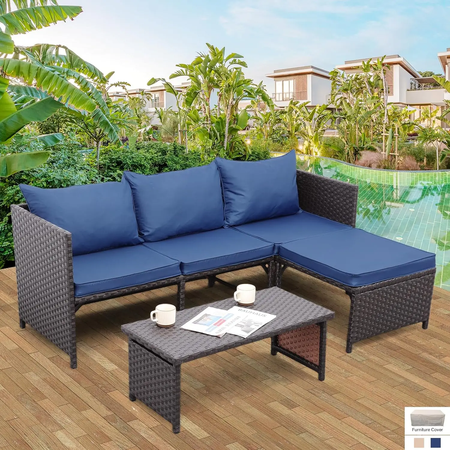 

Outdoor Furniture Set 3 Piece Patio Set Patio Conversation Sets Outdoor Sectional Sofa Patio Loveseat Coffee Table w/ Cushions