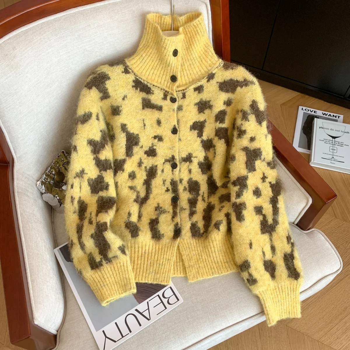 

Женский желтый леопардовый вязаный кардиган, свитер с воротником, винтажный джемпер 2000-х годов, вязаный кашемировый свитер с длинными рукавами, осень-зима