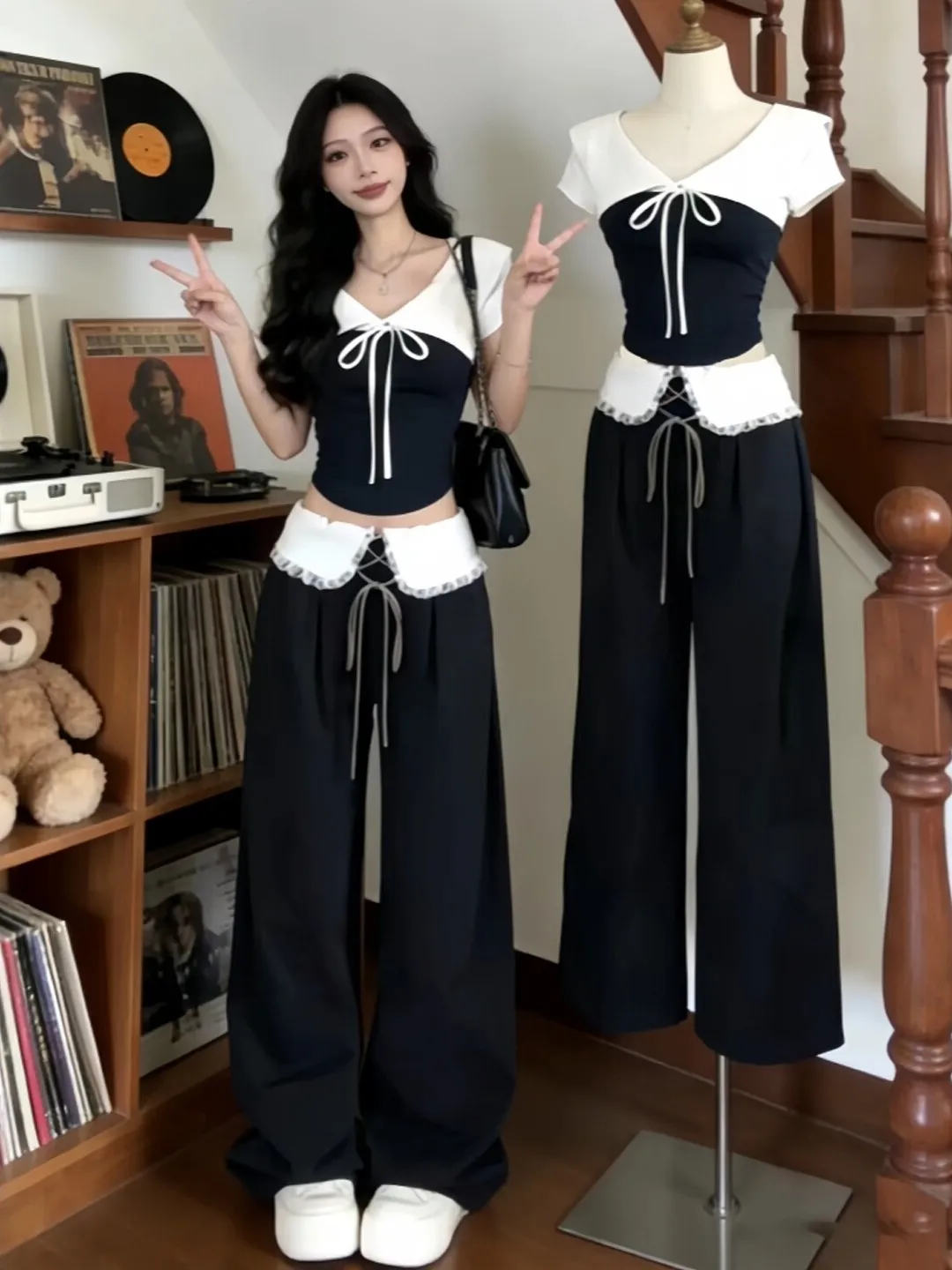 

Корейский стиль: укороченный топ и широкие брюки, комплект из двух предметов, готовый образ для дня (OOTD), летняя мода, женский удобный дышащий хлопковый костюм