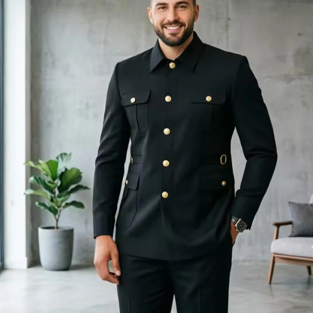 South African Groom Wedding Tuxedo Suits Unique Design Stand Collar Safari Style Prom Blazer Pans 2 Piece Sets Man Business Suit